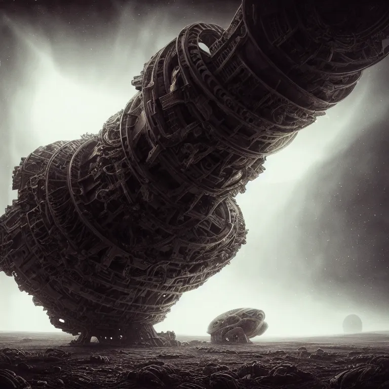 Image similar to portrait of ribbed abandoned biomechanical crashed spaceship on exoplanet in a desolate empty wasteland, creepy, nightmare, dream-like heavy atmosphere, surreal abandoned buildings, baroque painting, beautiful detailed intricate insanely detailed octane render trending on Artstation, 8K artistic photography, photorealistic, chiaroscuro, cinematic volumetric light, Raphael, Caravaggio, Beksinski, Giger