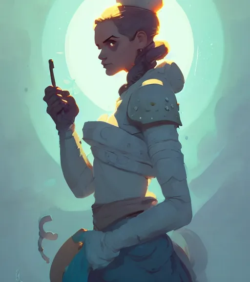 Image similar to portrait princess working as a healer, dnd character, by atey ghailan, by greg rutkowski, by greg tocchini, by james gilleard, by joe fenton, by kaethe butcher, dynamic lighting, gradient light blue, brown, blonde cream and white color scheme, grunge aesthetic