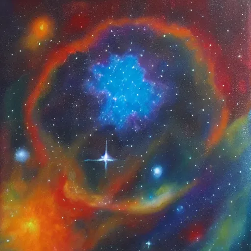 Prompt: A nebula in the shape of Obama surrounded by the cosmos, oil painting