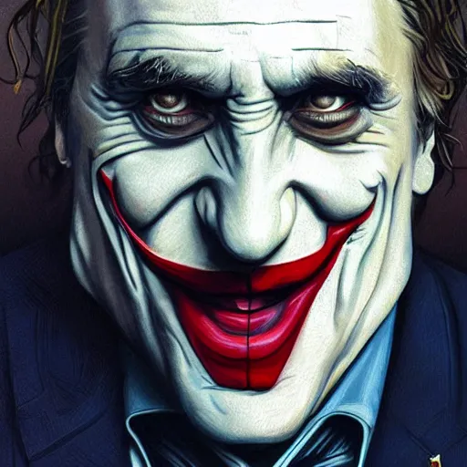 Image similar to [Gerard Depardieu as the Joker as president of France!, closeup, D&D, intricate, elegant, highly detailed, digital painting, artstation, concept art, matte, sharp focus, illustration, art by Artgerm and Greg Rutkowski and Alphonse Mucha]