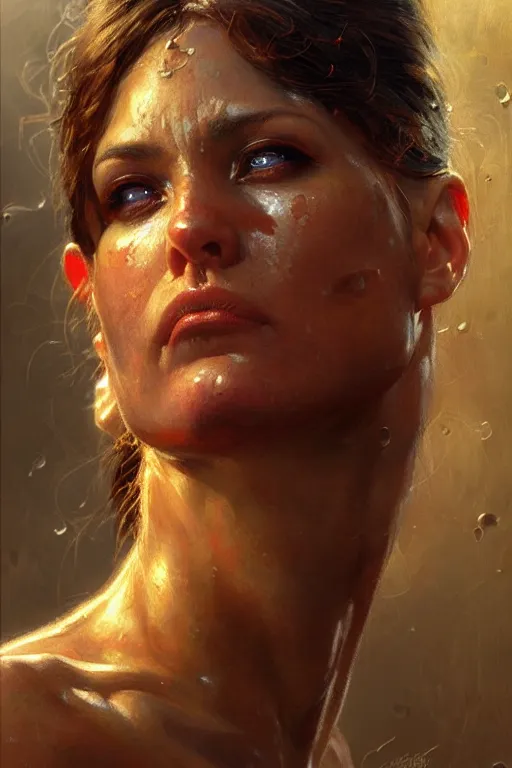 Prompt: muscular sweat spiderwoman,, exhausted face close up, highly detailed painting by gaston bussiere, craig mullins, j. c. leyendecker 8 k