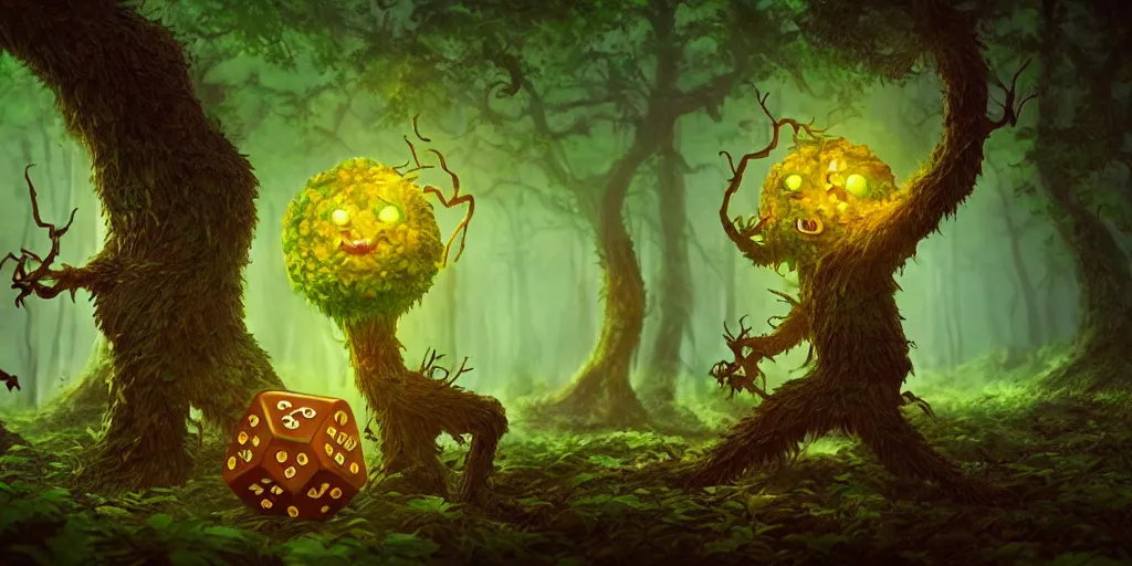 Image similar to anthropomorphic tree - creatures rolling cube dice in the forest, glowing energy, fantasy magic, by willian murai and jason chan and marco bucci, hyper detailed and realistic, illustration, sharp focus, cinematic, rule of thirds, forestpunk