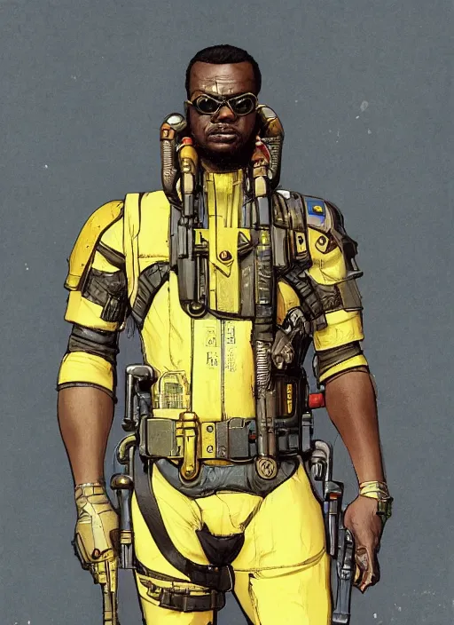 Prompt: chidi igwe. cyberpunk mercenary in tactical harness and jumpsuit. dystopian. portrait by stonehouse and mœbius and will eisner and gil elvgren and pixar. realistic proportions. cyberpunk 2 0 7 7, apex, blade runner 2 0 4 9 concept art. cel shading. attractive face. thick lines.