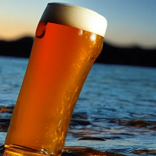 Prompt: a photorealistic tsunami of amber colored beer