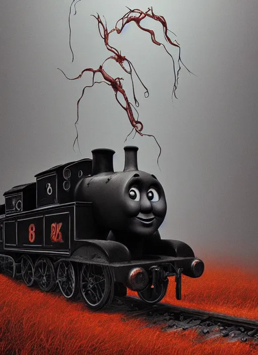 Image similar to thomas the tank engine in style of zdzisław beksinski, extremely dramatic lighting, 8 k, tendrils, black, darkness, black slime tendrils, infected, rust, body horror, thomas the train, thomas the tank engine face, horror,