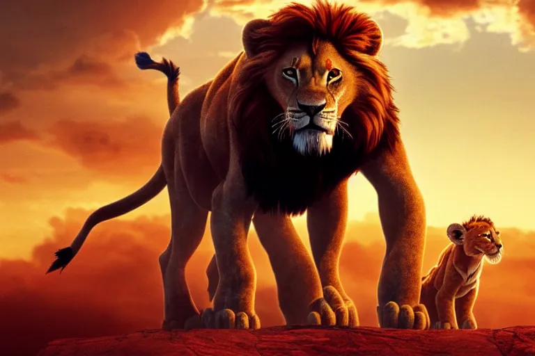 Image similar to simba ( from the lion king ), heavily armed and armored facing down armageddon in a dark and gritty version from the makers of mad max : fury road : witness me