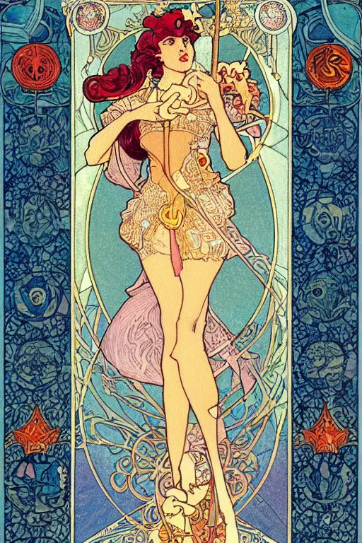 Image similar to full length painting of princess - peach!!!!!!! art nouveau, tarot card by mucha, gaudy colors, sharp edges, intricate line - work.