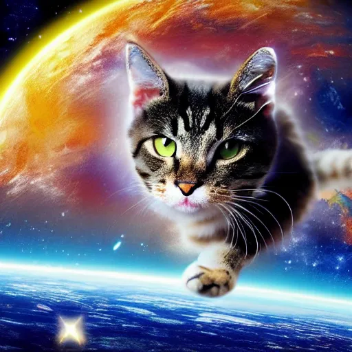 Image similar to giant cat in space about to eat the earth