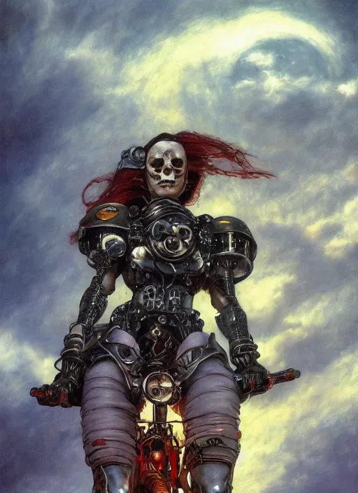 Image similar to symmetry!! closeup! of a pirate biker girl, cyborg armor, in clouds, cinematic light, windy, sunrise, by gerald brom, by mikhail vrubel, by peter elson, muted colors, extreme detail, trending on artstation, 8 k