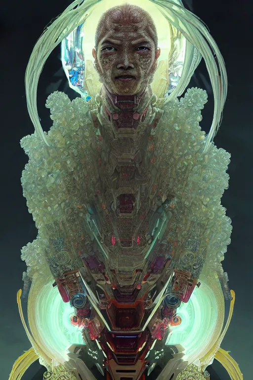 Image similar to asura from chinese myth, ghost, gorgeous and huge head ornaments, dystopian, cyberpunk, organic fractal mycelum and fungi, mecha, halfturn portrait of a big crystal face made of crystals half - turn, ominous, intricate, studio, art by anthony macbain + greg rutkowski + alphonse mucha, concept art, 4 k, sharp focus