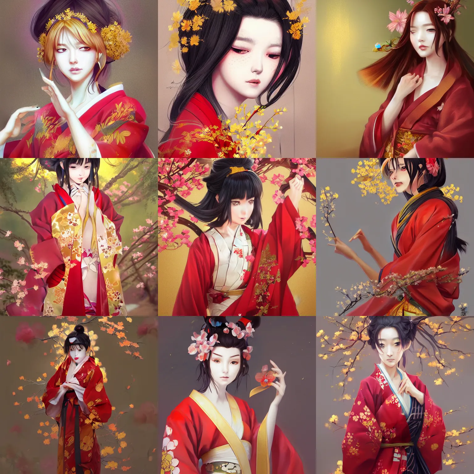 Prompt: A potrait of a kitsune wearing a modest red kimono with gold flowers, digital painting, by Stanley Artgerm Lau, WLOP, Rossdraws, LeraPi, and Sakimichan, digtial painting, trending on ArtStation, deviantart, SFW version, anime eyes