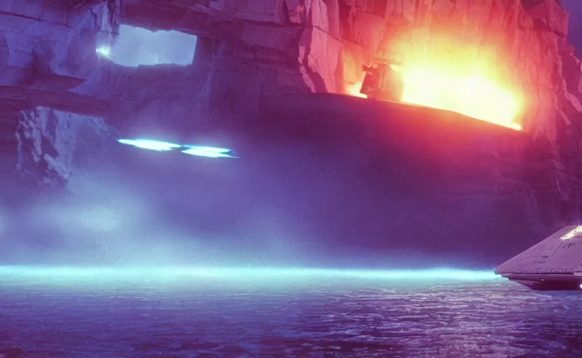 Image similar to iconic cinematic screenshot of star destroyer landing on waterfall canyon planet, from the action - packed scene from the 8 0 s star wars sci fi film by stanley kubrick, glowing, kodak film stock, 4 k, crisp, hyper detailed, photo real, anamorphic lenses 2 4 mm, lens flare,, award winning