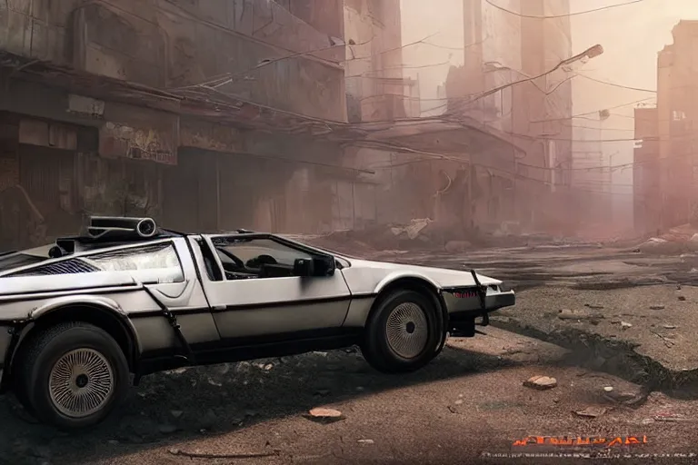 Prompt: highly detailed photorealistic rendering of a delorean parked on the streets of a cyberpunk abandoned city with the door open, futuristic post - apocalyptic vibe, by greg rutkowski and stanley artgerm and alphonse mucha, octane, sharp focus, hyperrealistic, unreal engine 5, vray, masterpiece