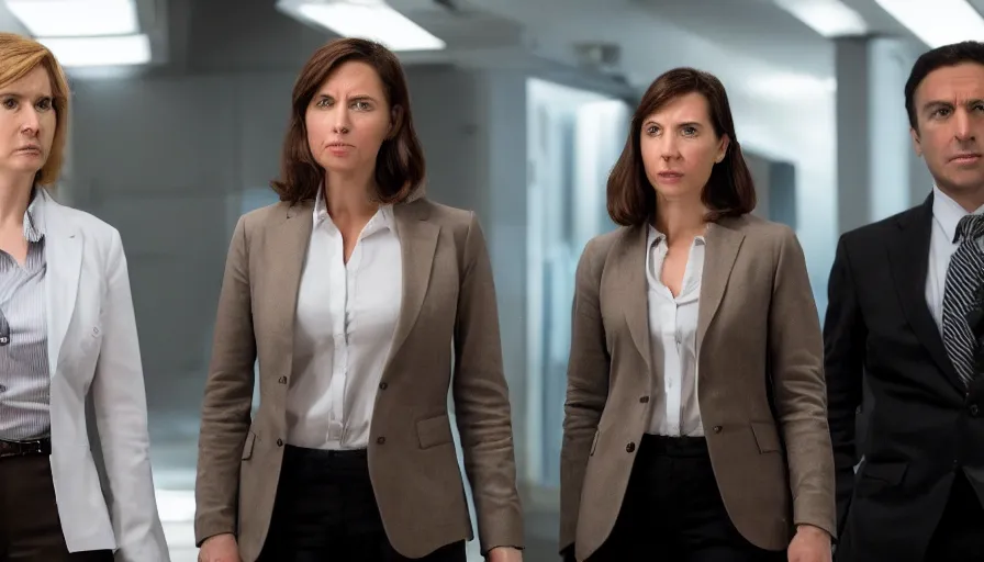 Image similar to big budget action movie about female scientist confronts male ceo about secret cyborg project.