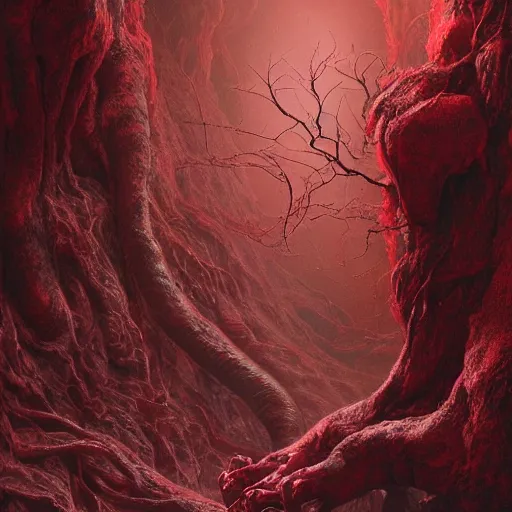 Image similar to Red coloured plants made of flesh growing in a rocky crevice, inspired by HR giger and Lovecraft, veins, dim red light, intricate, highly detailed, digital painting, artstation, concept art, sharp focus, illustration, art by greg rutkowski and alphonse mucha