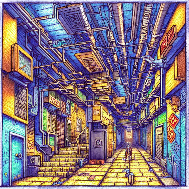 Prompt: an absurdly-detailed isometric cyberpunk alleyway colored-pencil drawing as a fancy square tile