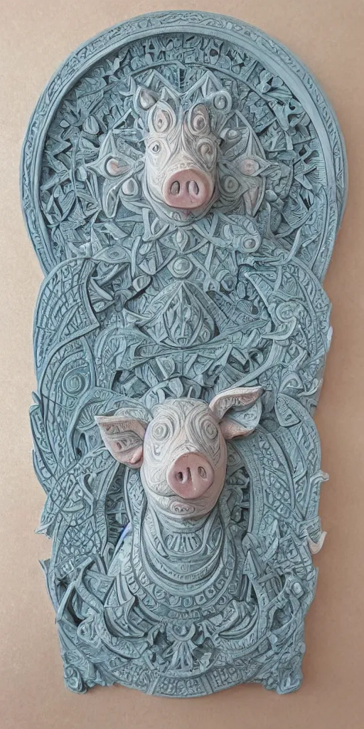 Image similar to intricate colourfully painted carved Soapstone relief paneling, white and pale blue , celestial, pig, piglet, piggy, pig goddess, mother earth, Earth Goddess mythology, Gaia, angels, divinity, Ghostly, crystaline celtic, insanly detailed , artstation, wallpaper, hyper realistic, realistic lighting