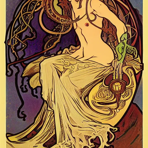 Image similar to lovecraftian protagonist by alphonse mucha