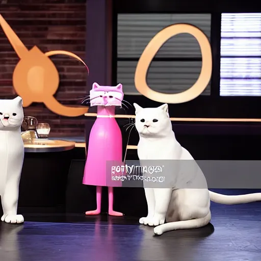 Image similar to anthropomorphic cats competing at masterchef TV show, studio shot