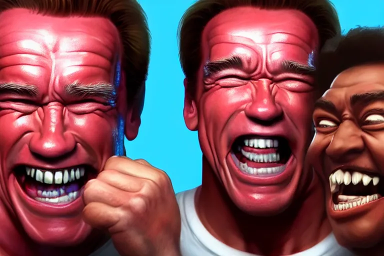 Prompt: Arnold Schwarzenegger laughing hysterically with crazy eyes, hyperrealistic, concept art, illustration, 8k, cinematic, digital painting, very detailed, volumetric lighting, artstation, octane render