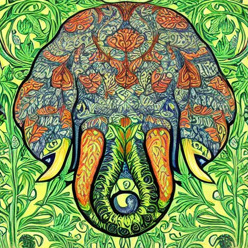 Prompt: colourful ornate decorative green man as an elephant face by louis wain and william morris, closeup, twisting leaves, 8 k, artstation