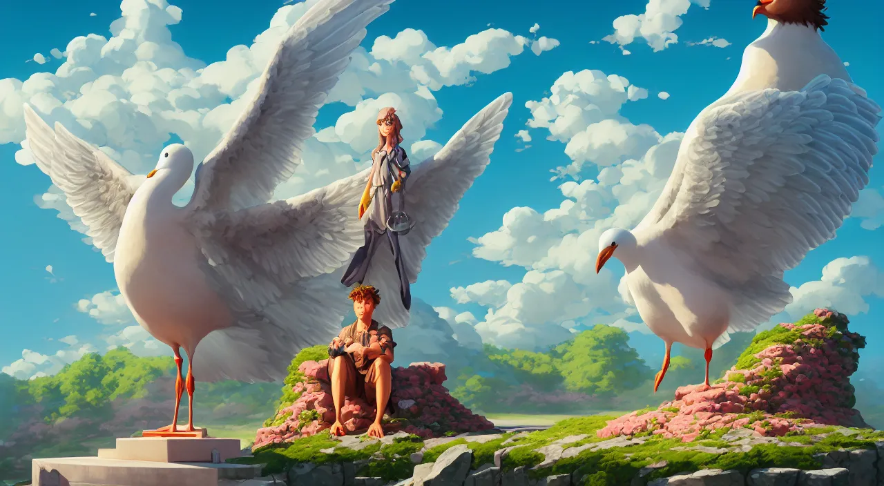 Prompt: painting of antic sitting seagull statue and hill valley Nordic temple of olympus glory hogweed plant grow flower ,in marble incrusted of legends heartstone official fanart behance hd by Jesper Ejsing, by RHADS, Makoto Shinkai and Lois van baarle, ilya kuvshinov, rossdraws global illumination