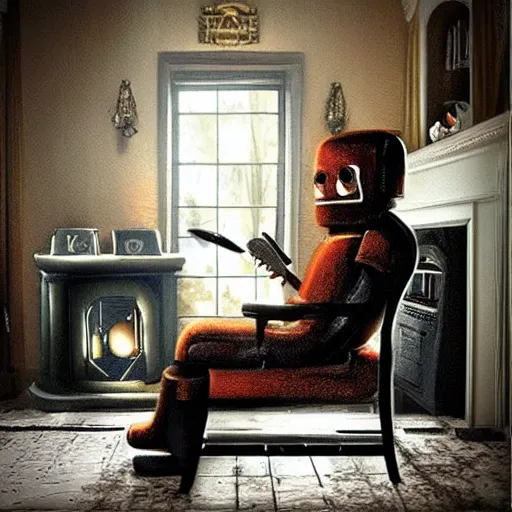 Image similar to “a lonely robot reads a book near a fireplace in a Victorian home., IMAX 70mm footage”