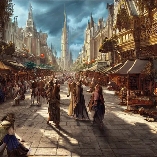 Prompt: a busy fantasy street market from within a beautiful and ornate city, hyper realistic digital art, beautiful painting, detailed, cinematic, great composition, rococo, dungeons and dragons, lord of the rings, artstation