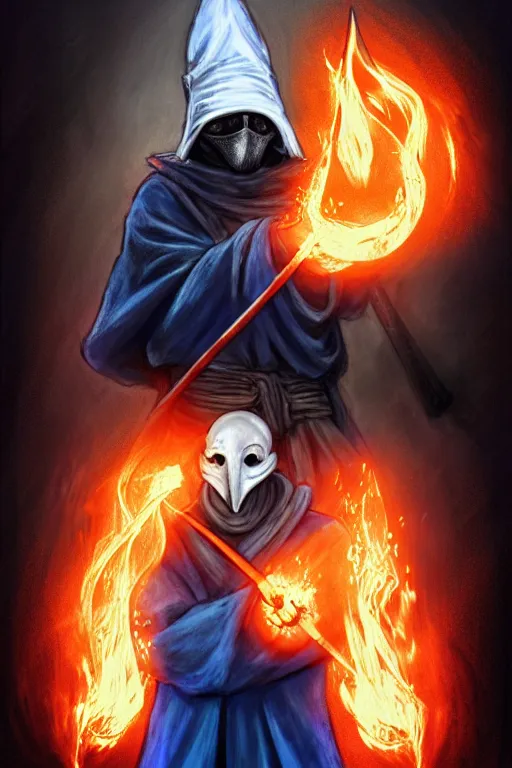 Image similar to a color pencil sketch of a plague doctor with a white plague mask and a blue wizard robe holding his right hand casting a orange firey spell, as a d & d character, blue robe, magical, blue and orange highlights, hip hop aesthetic, concept sheet, painting by gaston bussiere, demon slayer, akiri toriyama, dramatic lighting, professional digital art, anime