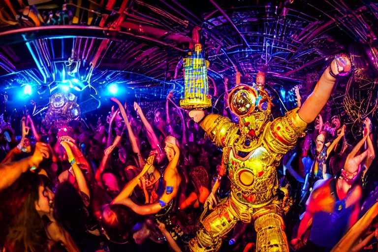 Image similar to scene is elrow party in amnesia in ibiza, portrait photo of a stagediving giant huge golden and blue metal steampunk robot, with gears and tubes, eyes are glowing red lightbulbs, audience selfie, shiny crisp finish, 3 d render, 8 k, insaneley detailed, fluorescent colors, haluzinogetic, background is multicolored lasershow