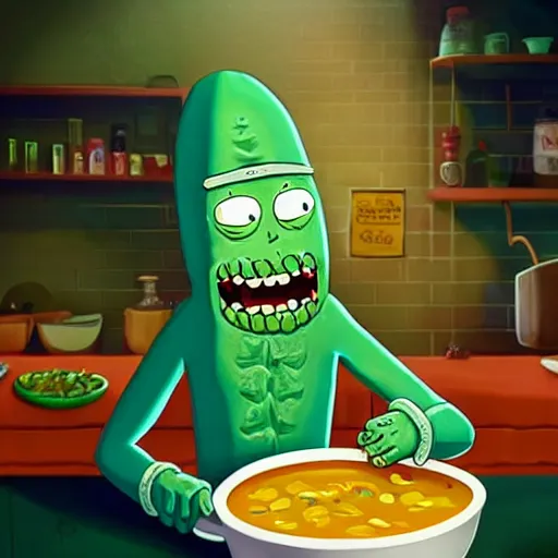 Image similar to pickle rick serving in a soup kitchen, pickle rick serving soup, kindness, detailed portrait, matte painting