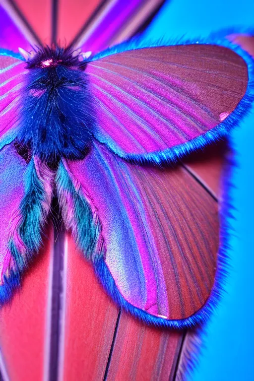 Image similar to high quality macro photo silky iridescent furry moth! jewelled gorgeous! highly detailed david ligare elson peter cinematic blue neon lighting high quality low angle hd 8k sharp shallow depth of field