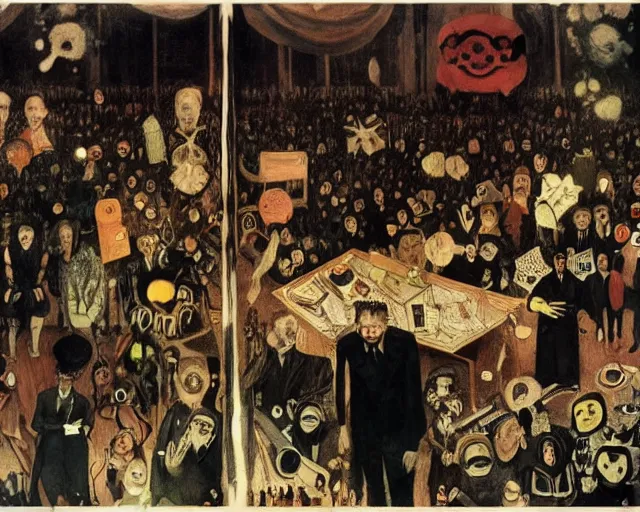 Image similar to the horror of beaurocracy, papers, horror, desk, stress, frustration, anger, crowded, harsh cinematic lighting, high qulity, 4 k, by charles addams and hilma af klint and affandi