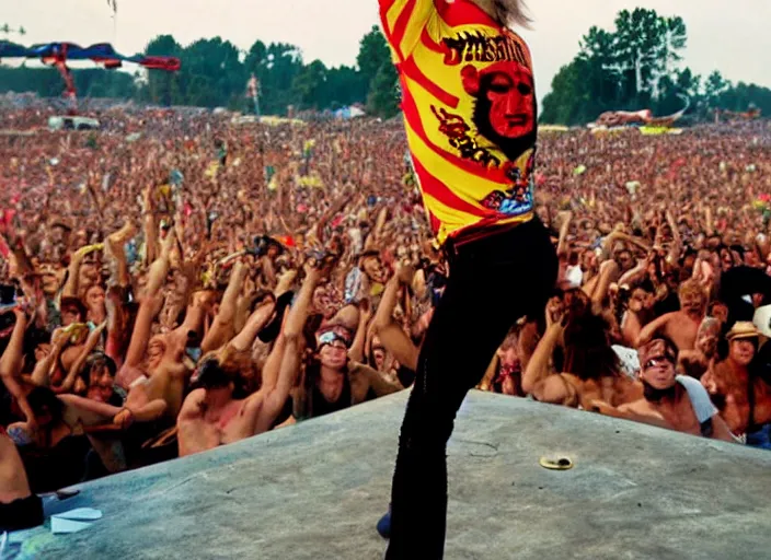 Image similar to photo still of david lee roth at the woodstock 9 9!!!!!!!! at age 3 6 years old 3 6 years of age!!!!!!!! on stage in spandex, 8 k, 8 5 mm f 1. 8, studio lighting, rim light, right side key light