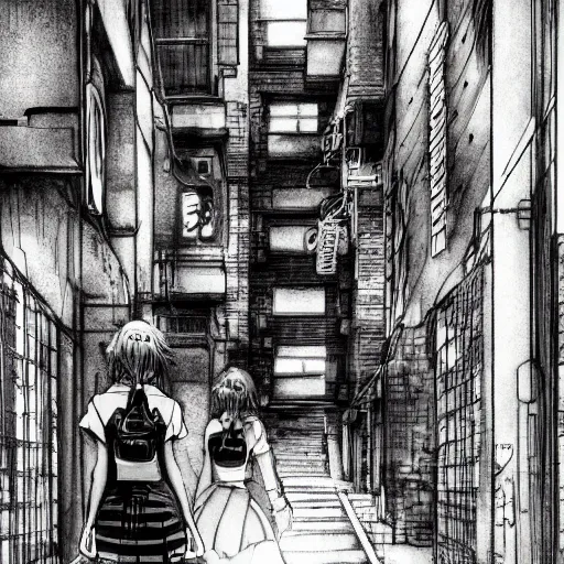 Prompt: a perfect, realistic professional digital sketch of a Japanese schoolgirls posing in a cyberpunk alleyway, style of Marvel, full length, by pen and watercolor, by a professional American senior artist on ArtStation, a high-quality hollywood-style sketch, on high-quality paper