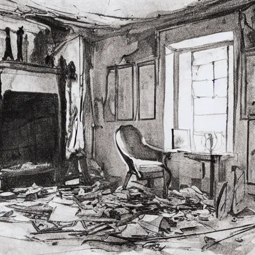 Prompt: dignified, decorative by anders zorn ink drawing, illuminated manuscript. a painting of a room that is wrecked, furniture overturned, belongings strewn about, & debris everywhere. the only thing left intact is a photograph on the wall shows a tidy, well - appointed space, with everything in its place.