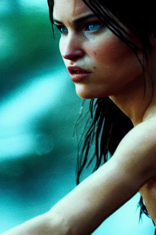 Image similar to cinestill 5 0 d candid action photographic portrait by quentin tarantino of lara croft in treacherous waters, extreme closeup, modern cyberpunk retrofuturism moody emotional cinematic, pouring iridescent rain, 8 k, hd, high resolution, 3 5 mm, f / 3 2, motion blur, ultra realistic faces, ex machina 8 k