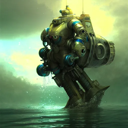 Image similar to mech suit swimming in the water, diffuse lighting, fantasy, highly detailed, photorealistic, digital painting, artstation, illustration, concept art, smooth, sharp focus, in the style of tom bagshaw