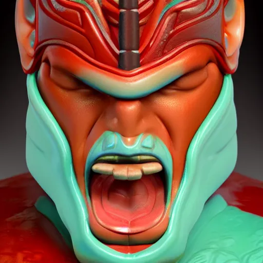 Image similar to closeup headshot 3 d toy maori god as funco toy, plastic, sss, octane 4 k render, studio lighting, artstation, cyan photographic backdrop, 1 0 5 mm, f 2. 8 aperture