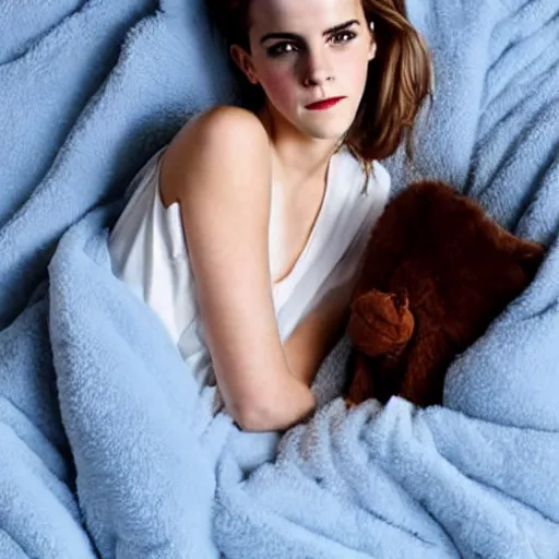 Prompt: emma watson waiting for you in bed at night while smiling shyly, very sleepy and shy, bare shoulders, comforting, covered in big fluffy white blanket, dim blueish lighting