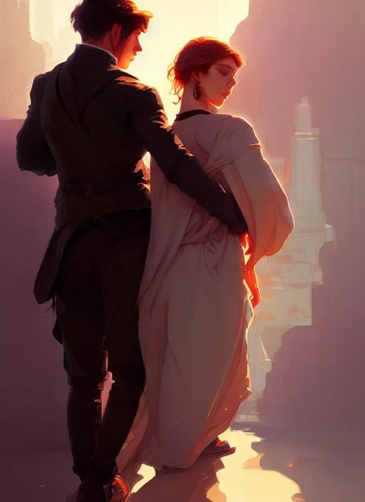 Image similar to young man and a woman, digital painting, artstation, concept art, smooth, sharp focus, illustration, art by artgerm and greg rutkowski and alphonse mucha