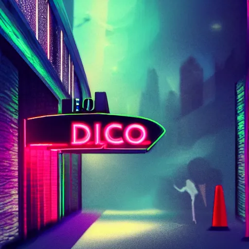 Prompt: entrance to a disco club in new york with a neon sign at nightime, heavy mist, highly detailed, artstation, concept art