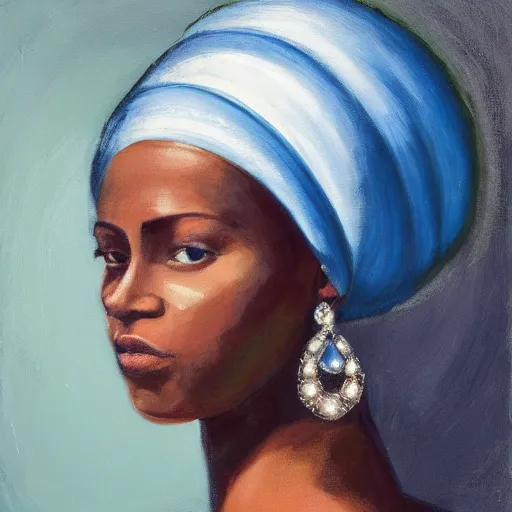 Image similar to a painting of a young woman wearing a blue and white turban. the woman is looking to the side with a soft expression, and her earring is a large, shining pearl. the background is a dark space, and the light is shining on the woman from the front, creating a halo - like effect around her head.