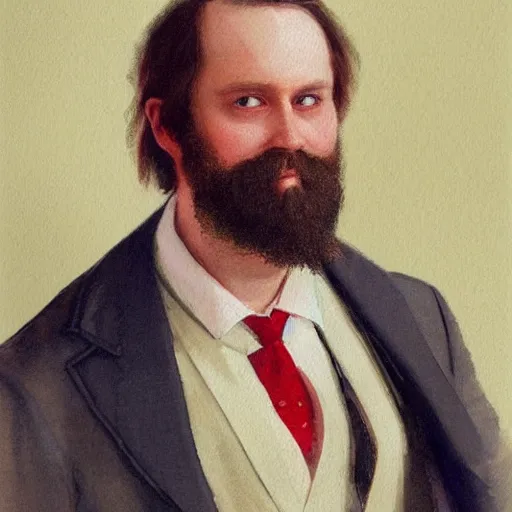 Image similar to Portrait of a handsome man with mutton chops. wearing a suit. colorful necktie, pale white face, long messy hair, long hair, ((red)) baggy eyes, tired eyes, tired face, disco smile, watercolor, brushstrokes, high detail, artstation, medium detail, by Ilya Repin