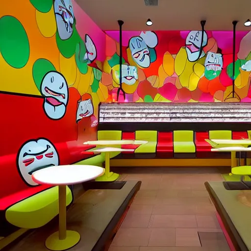 Prompt: Mcdonalds designed by Takashi Murakami, interior pop art design