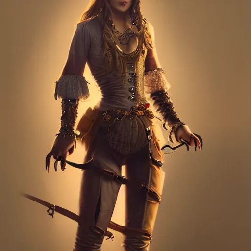 Prompt: detailed full body concept pastel painting of a female pirate in beautifully designed clothing, cinematic lighting, hyperdetailed, cgsociety, 8k, high resolution, Tom Richmond, single face, insanely detailed and intricate, octane render, golden ratio, vfx, postprocessing, freckles, alluring