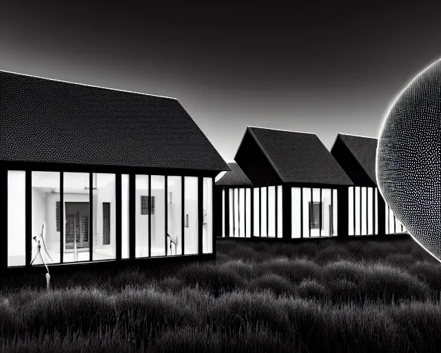 Image similar to black and white connected ecovillage houses - plant goddess high quality photo, microchip, artificial intelligence, bio - mechanical bio - luminescence, black wired cables, neurons, nerve cells, cinematic, rim light, photo - realistic, elegant, high detail, 8 k, masterpiece, high fashion, in the style of man ray