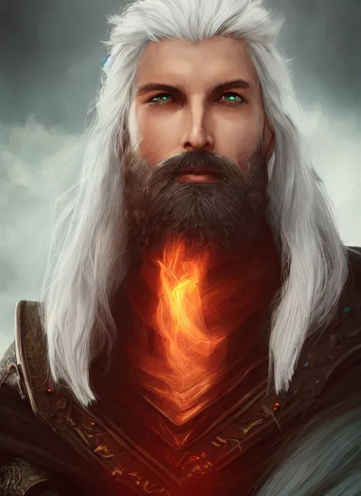 Image similar to An epic fantasy comic book style portrait painting of a Aasimar hexblade Warlock with white hair, scruffy beard, unreal 5, DAZ, hyperrealistic, octane render, cosplay, RPG portrait, dynamic lighting