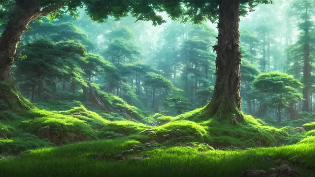 Image similar to forest clearing landscape, studio ghibli, pixar and disney animation, sharp, rendered in unreal engine 5, highly detailed, digital painting, artstation, concept art, smooth, sharp focus, illustration, wide angle, artbook, wallpaper, splash art, promo art, dramatic lighting, art by artgerm and greg rutkowski and bo chen and jin xiaodi