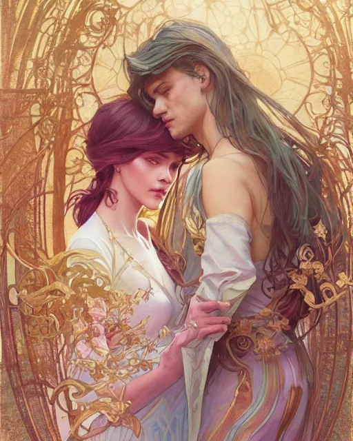 Prompt: secret romance, highly detailed,, gold filigree, romantic storybook fantasy, soft cinematic lighting, award, disney concept art watercolor illustration by mandy jurgens and alphonse mucha and alena aenami, pastel color palette, featured on artstation